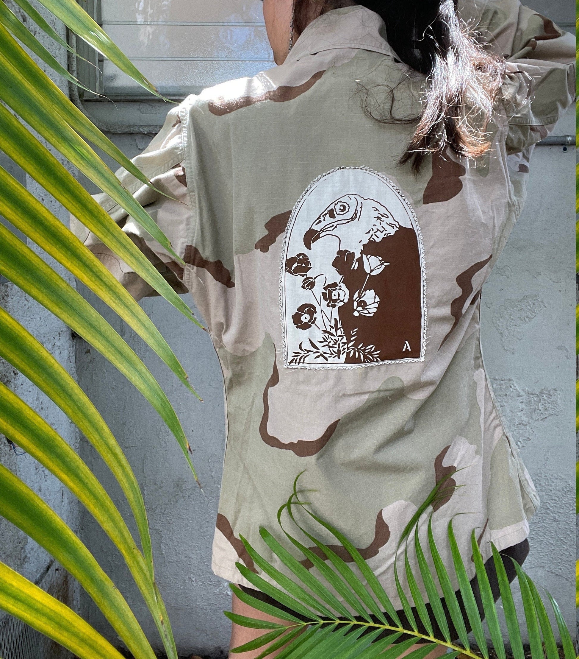 Turkey Vulture Camo Jacket // Beige // Bird Patch // Cream // Tan // Brown Jacket // Army Jacket // Punk Patch // Scavenger // Screenprint