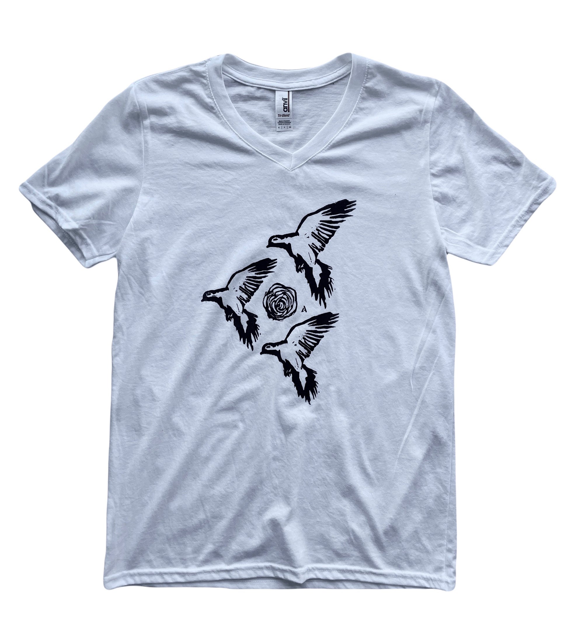 Mourning Dove Linocut V-Neck Graphic T-shirt // Bird Print // Punk // Rain Dove // Turtle Dove //
