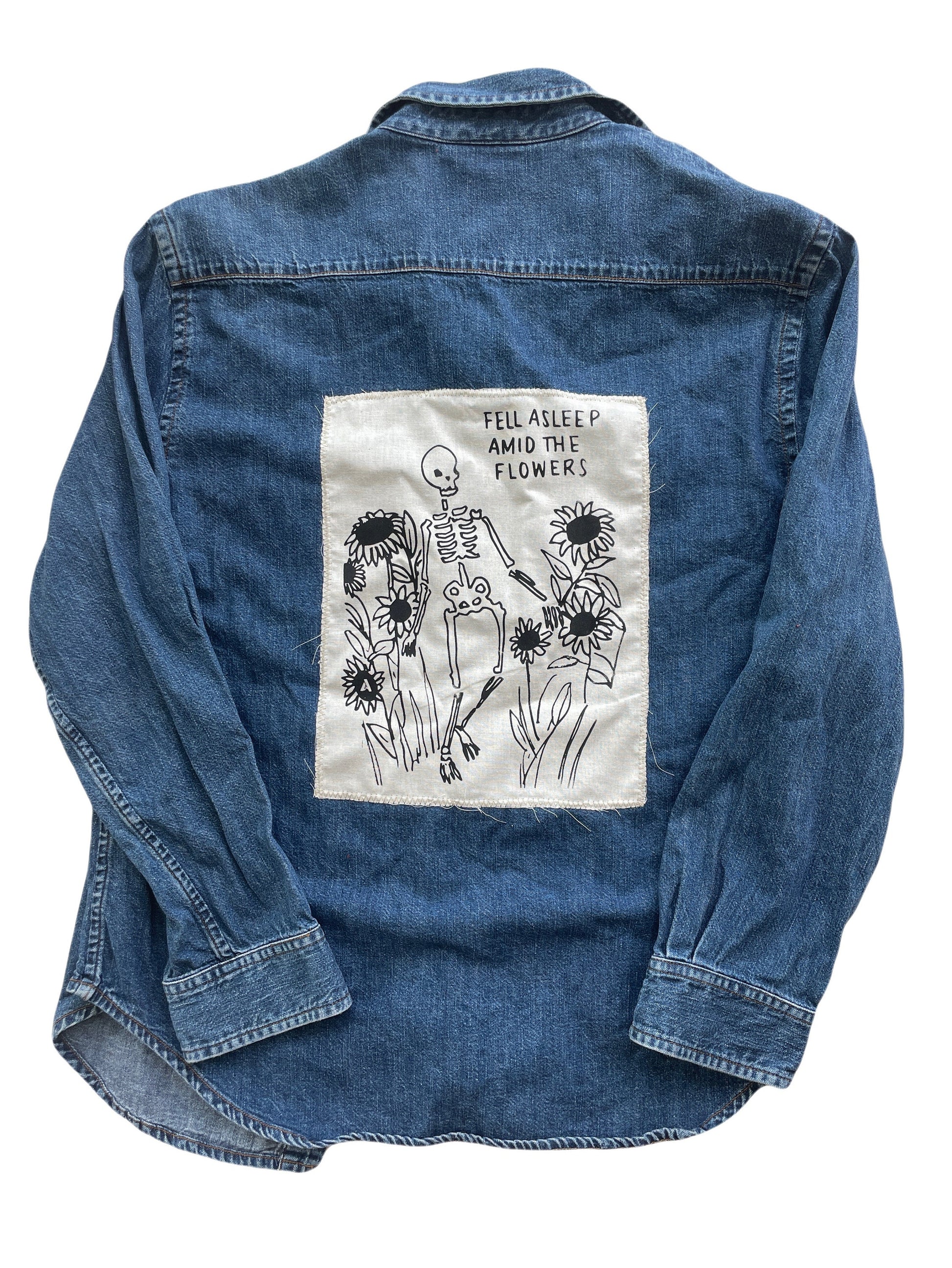Amid the Flowers // Skeleton // Sunflowers // Skull Print // Punk Patch // Back Patch // Denim Shirt // Jean Shirt