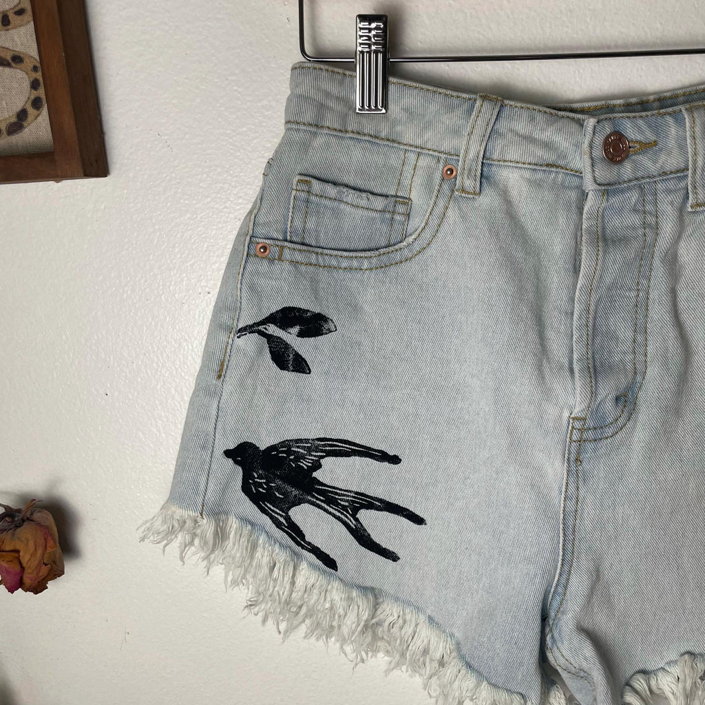 Bird Block Print / Denim Shorts