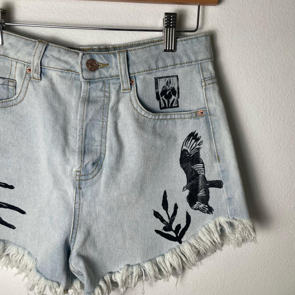 Bird Block Print / Denim Shorts