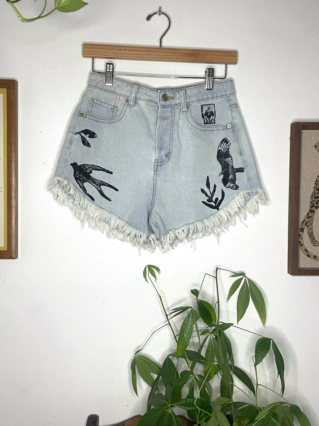 Bird Block Print / Denim Shorts
