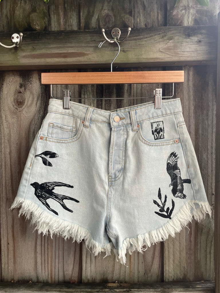 Bird Block Print / Denim Shorts
