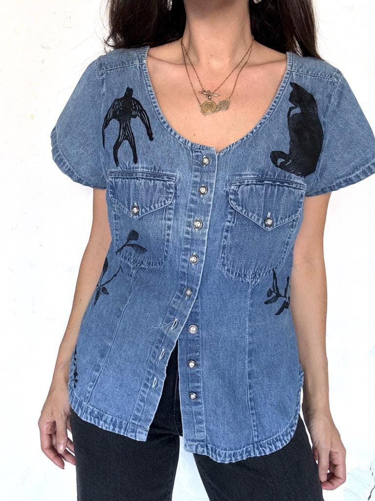 Sparrow Cat Olive Leaf // Handprinted // Block printed // Denim Shirt // Sustainable // Vintage // Art Nouveau