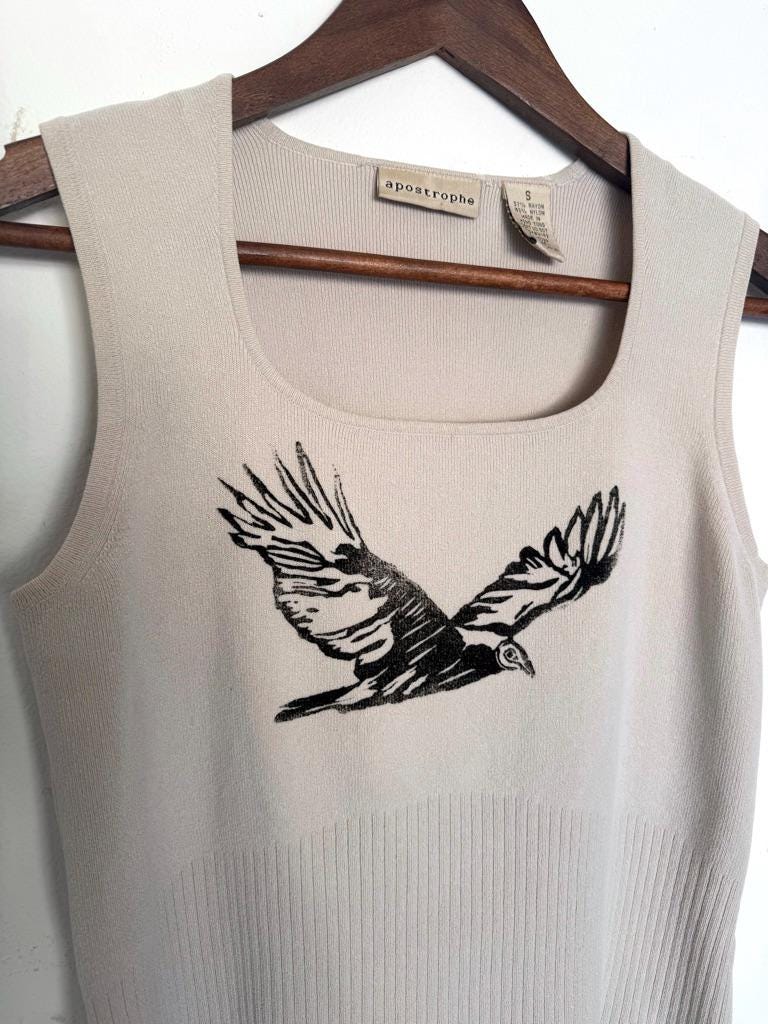 Turkey Vulture Block Print Artist Tank Top // Hand Printed // Bird of Prey // Buzzard // Vintage Top // Upcycle // Raven // Crow // Tee