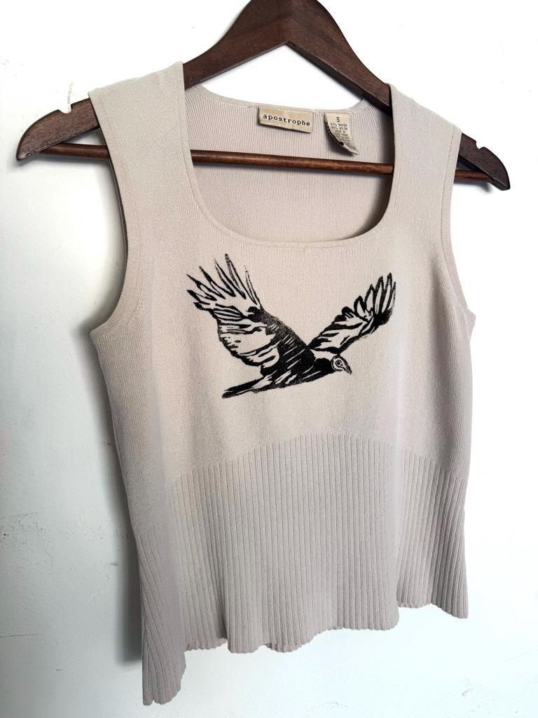 Turkey Vulture Block Print Artist Tank Top // Hand Printed // Bird of Prey // Buzzard // Vintage Top // Upcycle // Raven // Crow // Tee