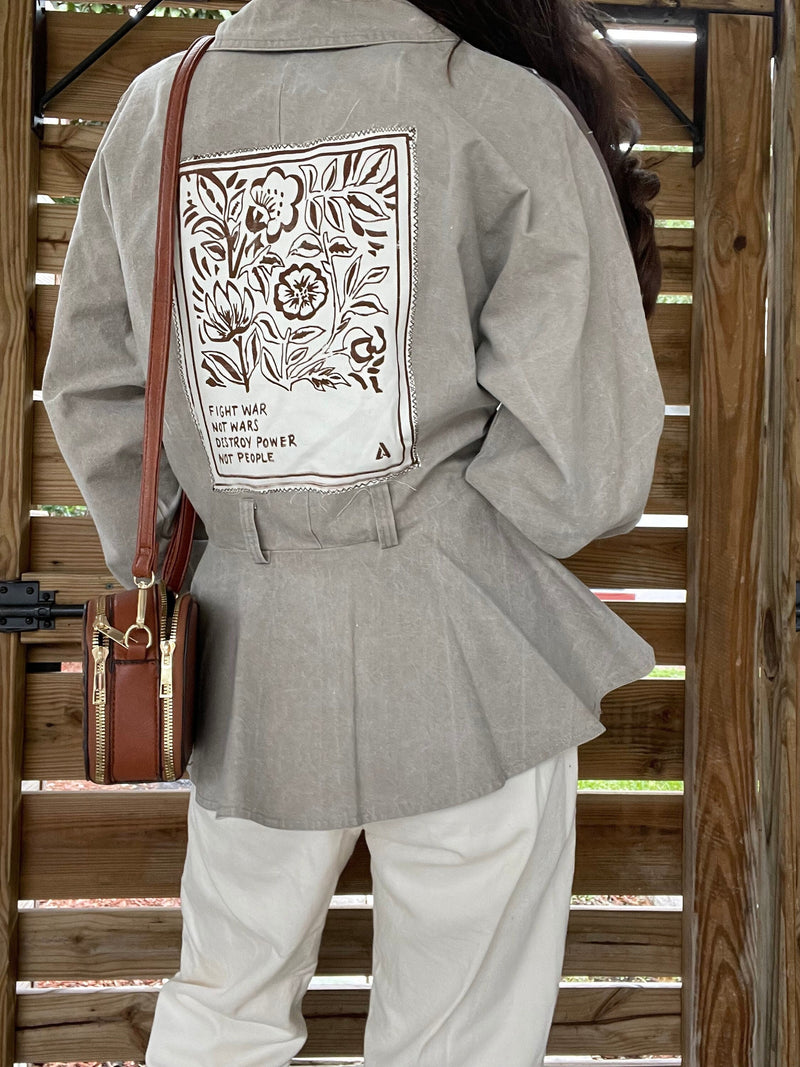 Floral Print // Fight War Not Wars // Destroy Power Not People // Pleated Jacket // Peace Punk // Denim // Beige // Neutral // Cream