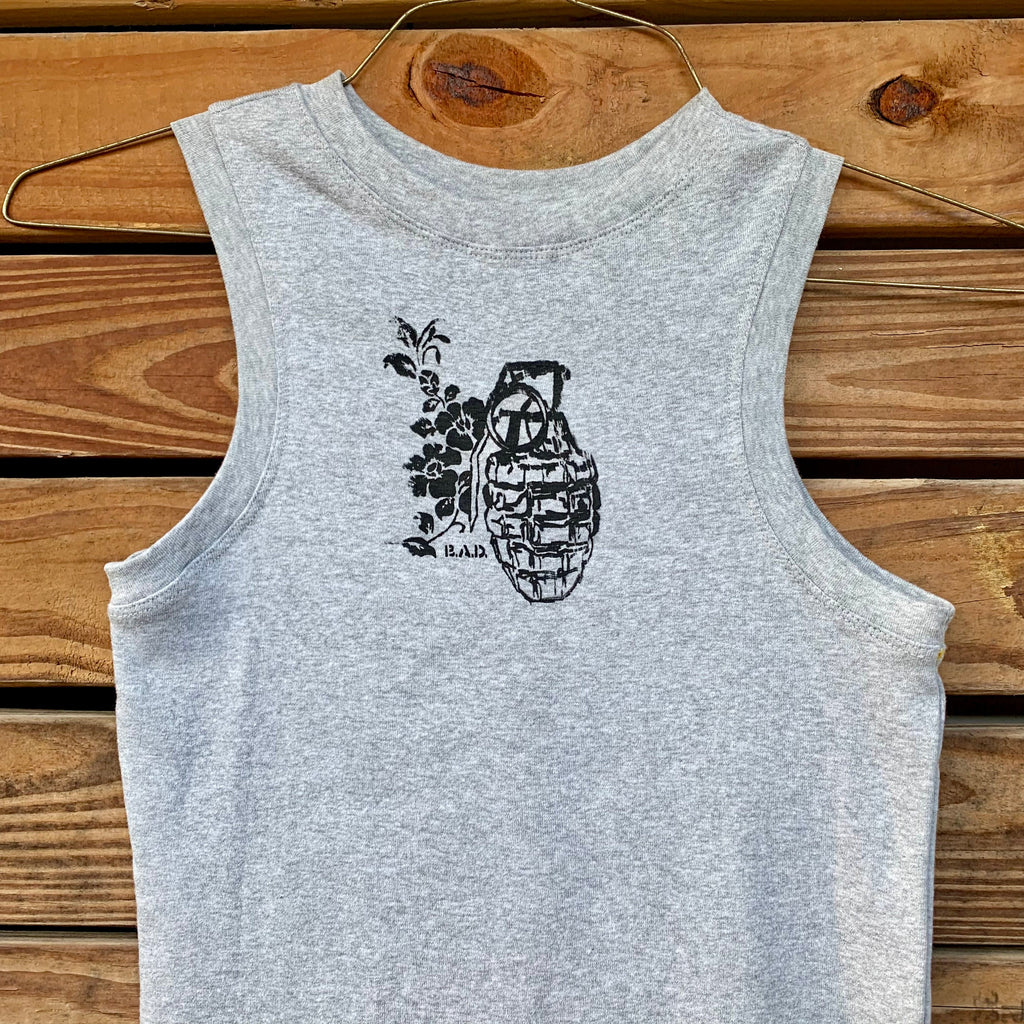Grenade with Flowers // Graphic Tank Top // Sleeveless // Punk Shirt // Grey // Small