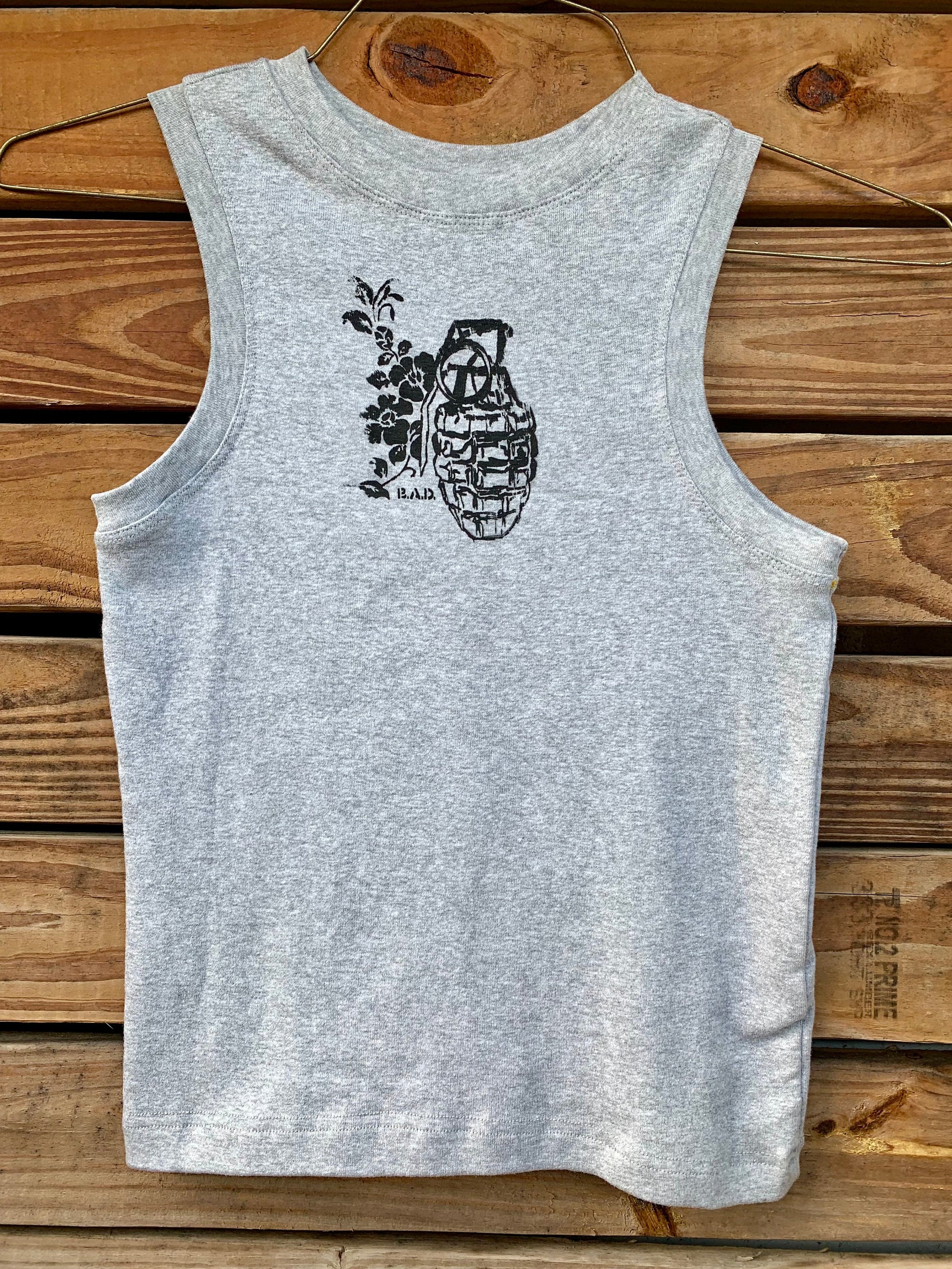 Grenade with Flowers // Graphic Tank Top // Sleeveless // Punk Shirt // Grey // Small