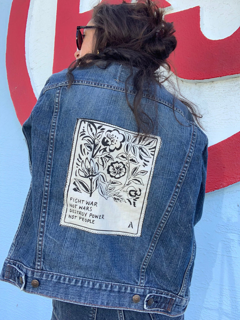 Destroy Power Not People Vintage Matchbox Inspired Back Patch // Levis Jean Denim Back Patch Jacket // Jean Punk Jacket // Patch Jean Jacket
