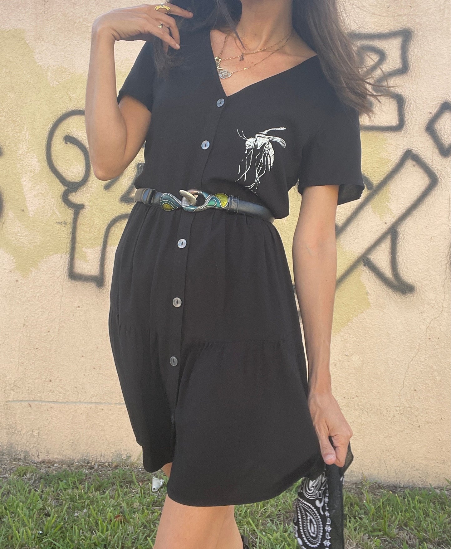 Mosquito Screen Print Dress // Bug Drawing // Aedes // Punk Print // Flowy Button Up Black Dress