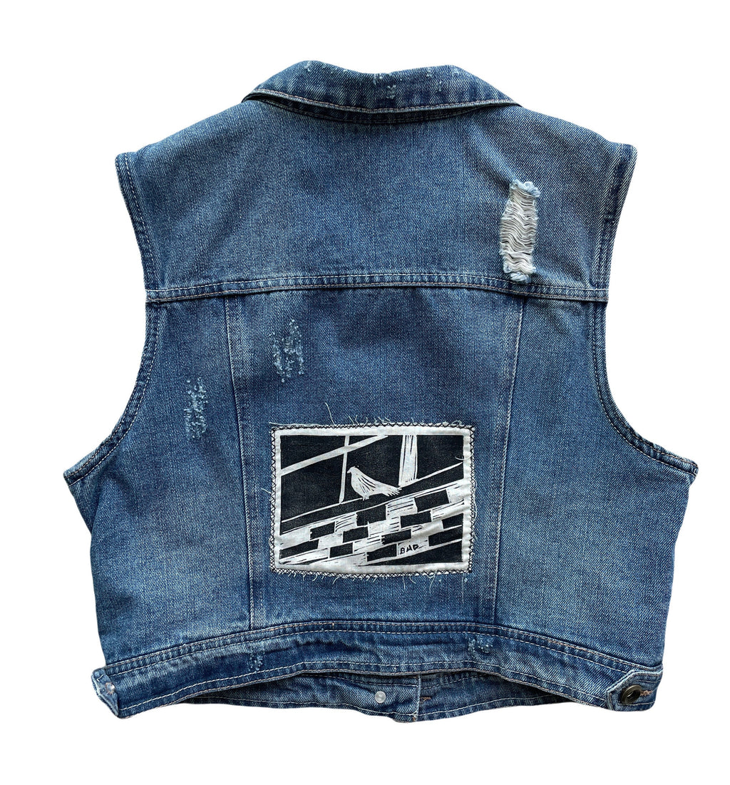 Pigeon Patch Denim Vest // Bird Patch // Punk Patch // Linocut Back Patch // Jean Vest // Rock Dove // Passenger Pigeon // Hand Printed