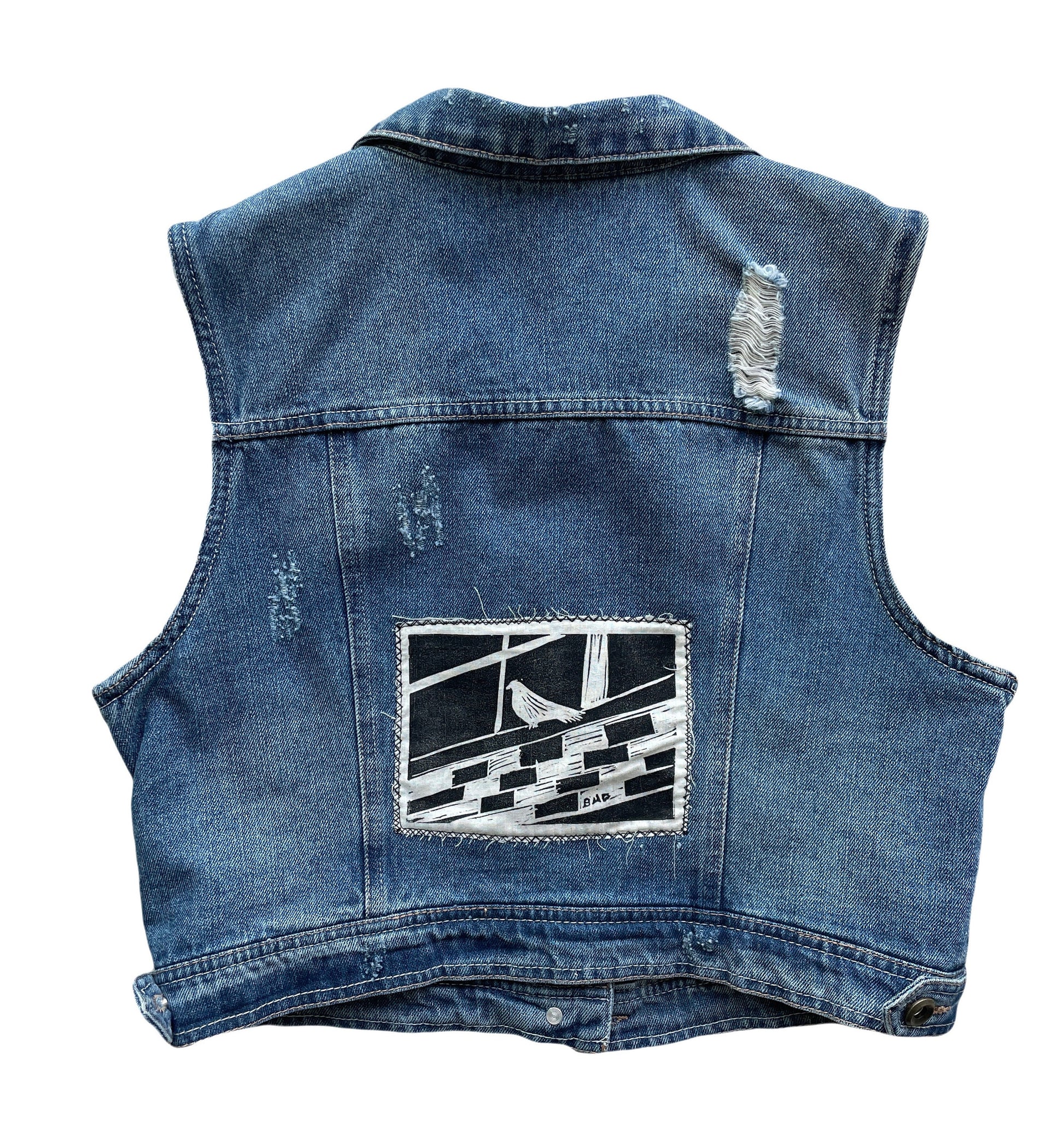 Pigeon Patch Denim Vest // Bird Patch // Punk Patch // Linocut Back Patch // Jean Vest // Rock Dove // Passenger Pigeon // Hand Printed