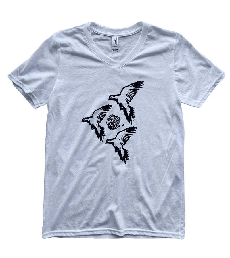 Mourning Dove Linocut V-Neck Graphic T-shirt // Bird Print // Punk // Rain Dove // Turtle Dove //
