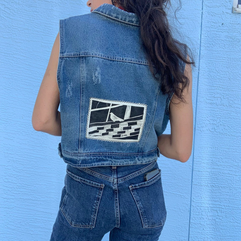 Pigeon Patch Denim Vest // Bird Patch // Punk Patch // Linocut Back Patch // Jean Vest // Rock Dove // Passenger Pigeon // Hand Printed