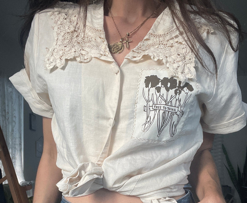 Lace Collar Vintage Button Up Blouse // Cream // Punk Patch // Punk Shirt // Free to Think // Floral Patch // Embroidered Collar // Neutral