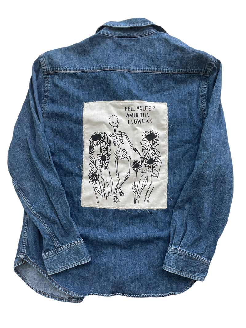 Amid the Flowers // Skeleton // Sunflowers // Skull Print // Punk Patch // Back Patch // Denim Shirt // Jean Shirt