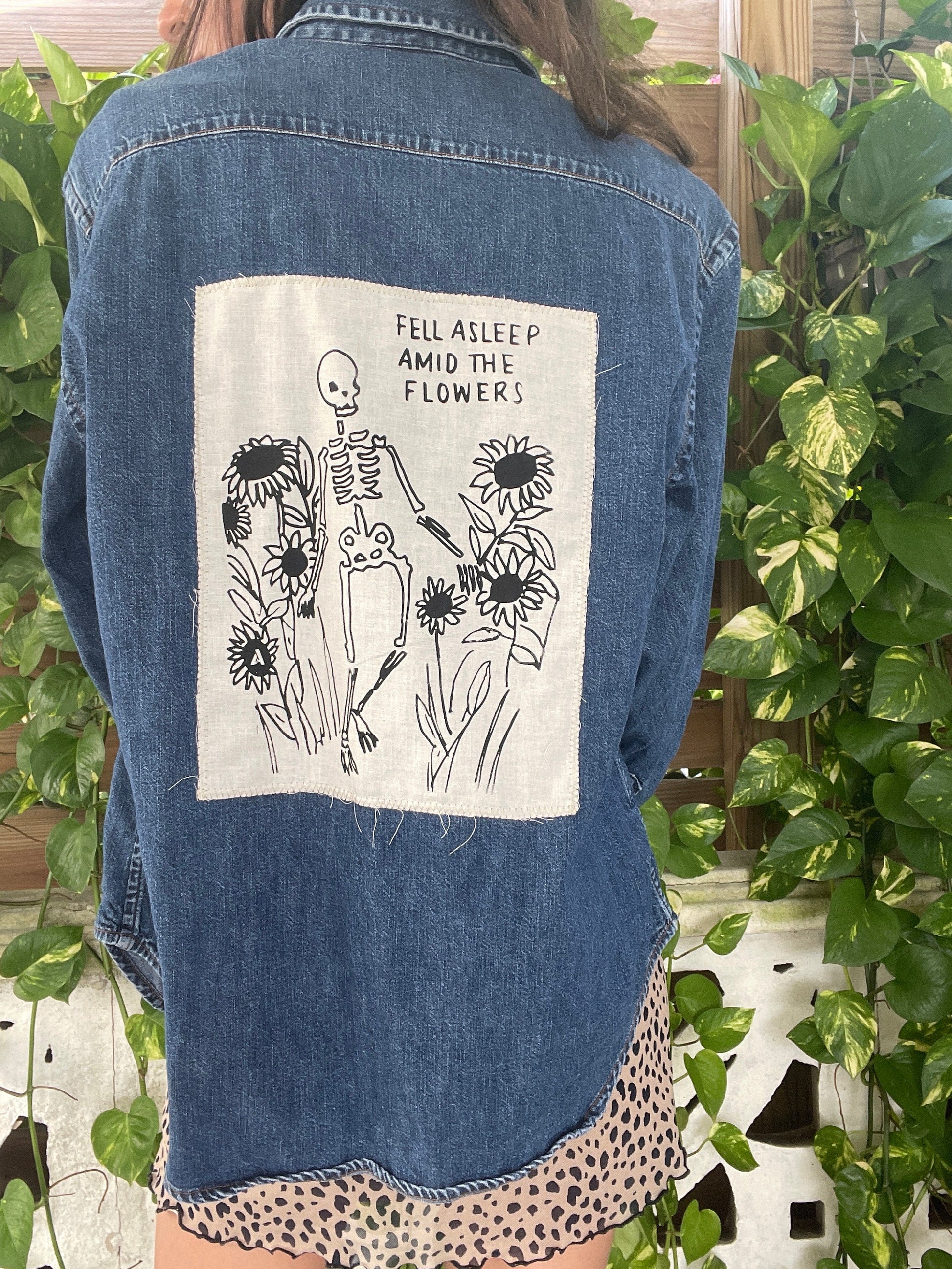 Amid the Flowers // Skeleton // Sunflowers // Skull Print // Punk Patch // Back Patch // Denim Shirt // Jean Shirt