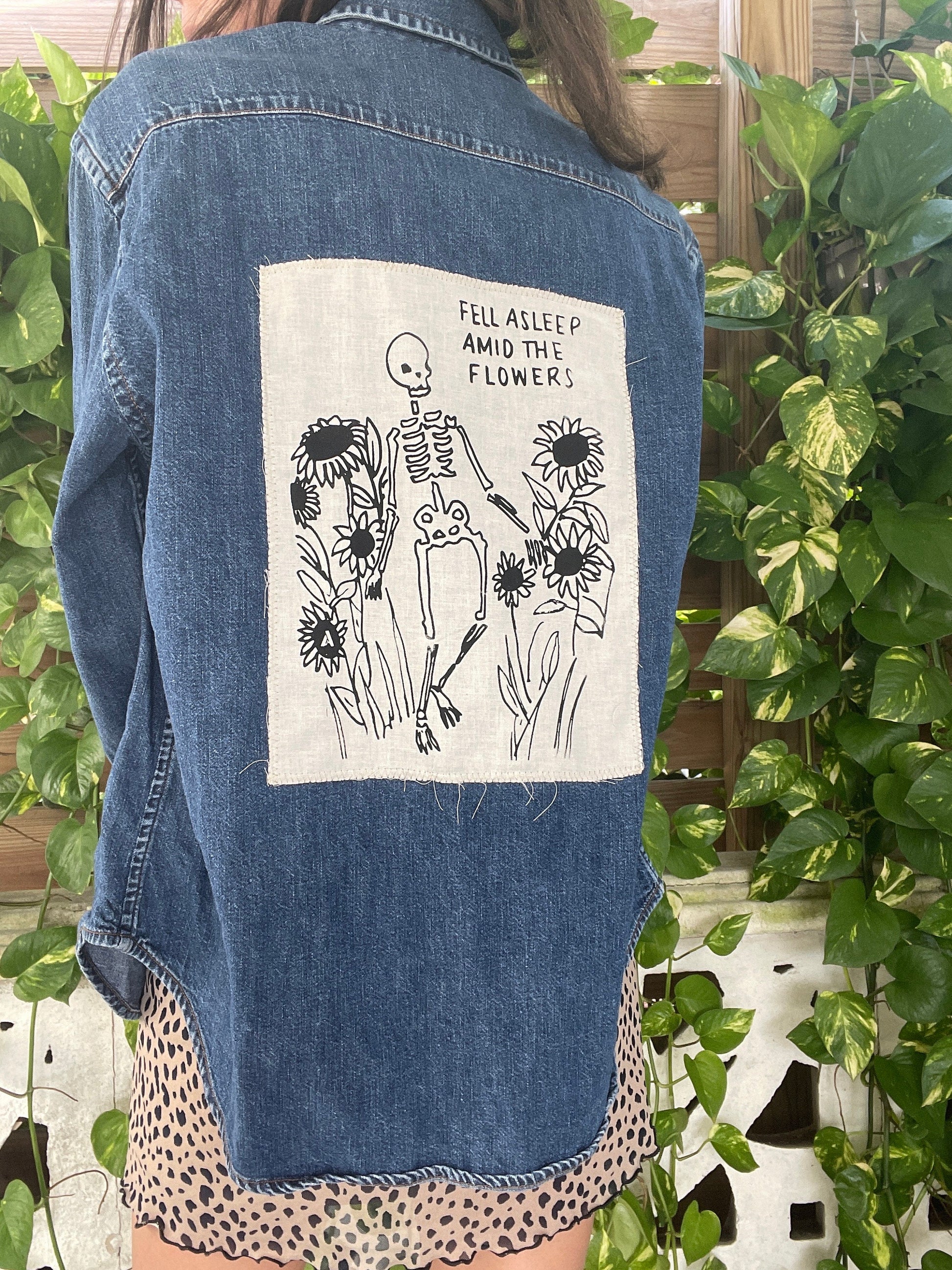 Amid the Flowers // Skeleton // Sunflowers // Skull Print // Punk Patch // Back Patch // Denim Shirt // Jean Shirt