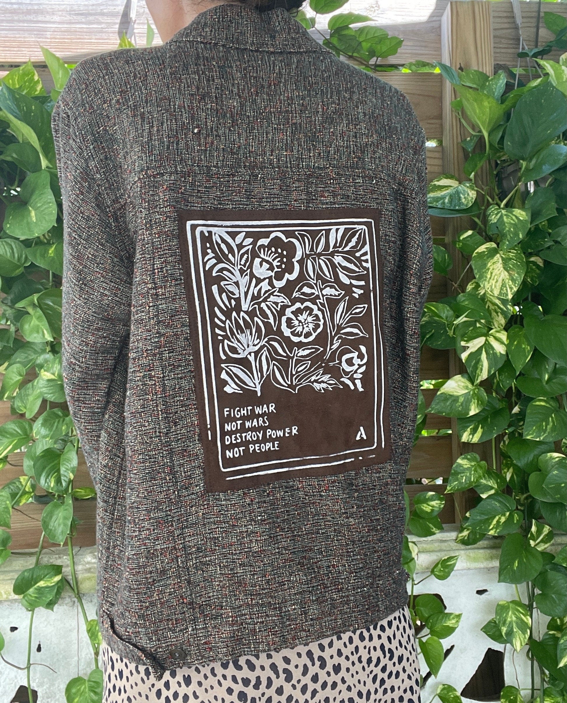 Tweed Brown Jacket // Back Patch // Punk Patch // Fight War Not Wars // Destroy Power Not People // Matchbox // Floral // Hand Drawn Patch