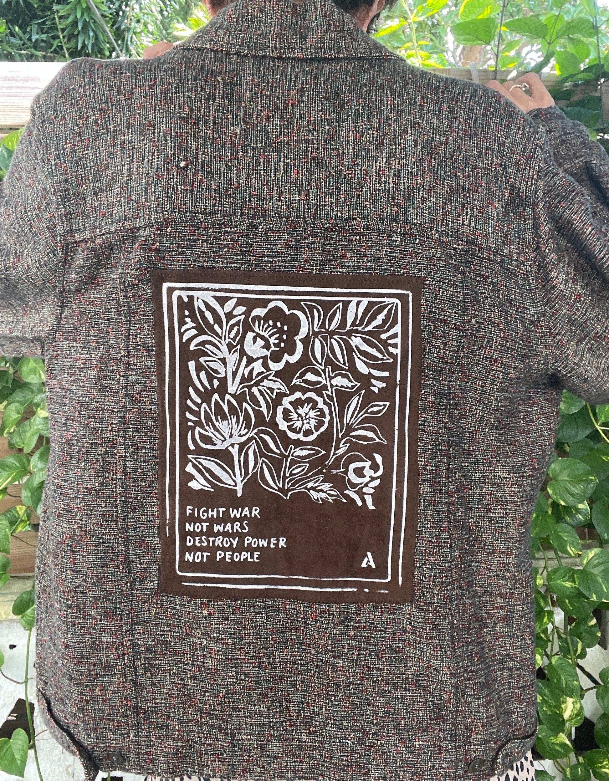 Tweed Brown Jacket // Back Patch // Punk Patch // Fight War Not Wars // Destroy Power Not People // Matchbox // Floral // Hand Drawn Patch