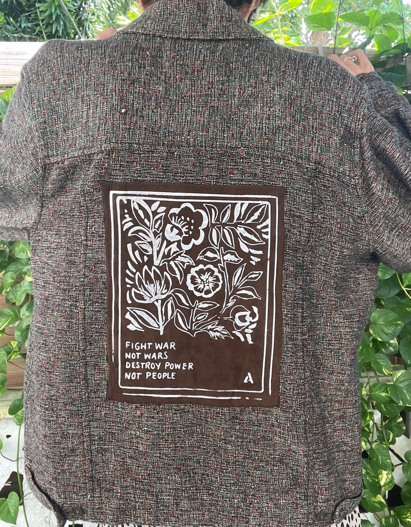 Tweed Brown Jacket // Back Patch // Punk Patch // Fight War Not Wars // Destroy Power Not People // Matchbox // Floral // Hand Drawn Patch