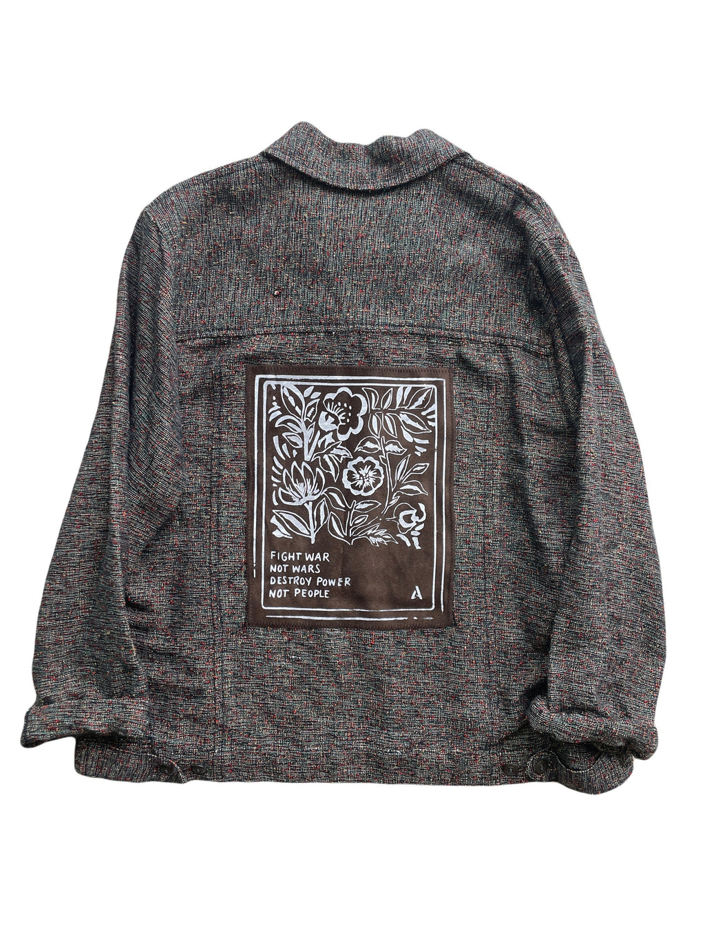 Tweed Brown Jacket // Back Patch // Punk Patch // Fight War Not Wars // Destroy Power Not People // Matchbox // Floral // Hand Drawn Patch