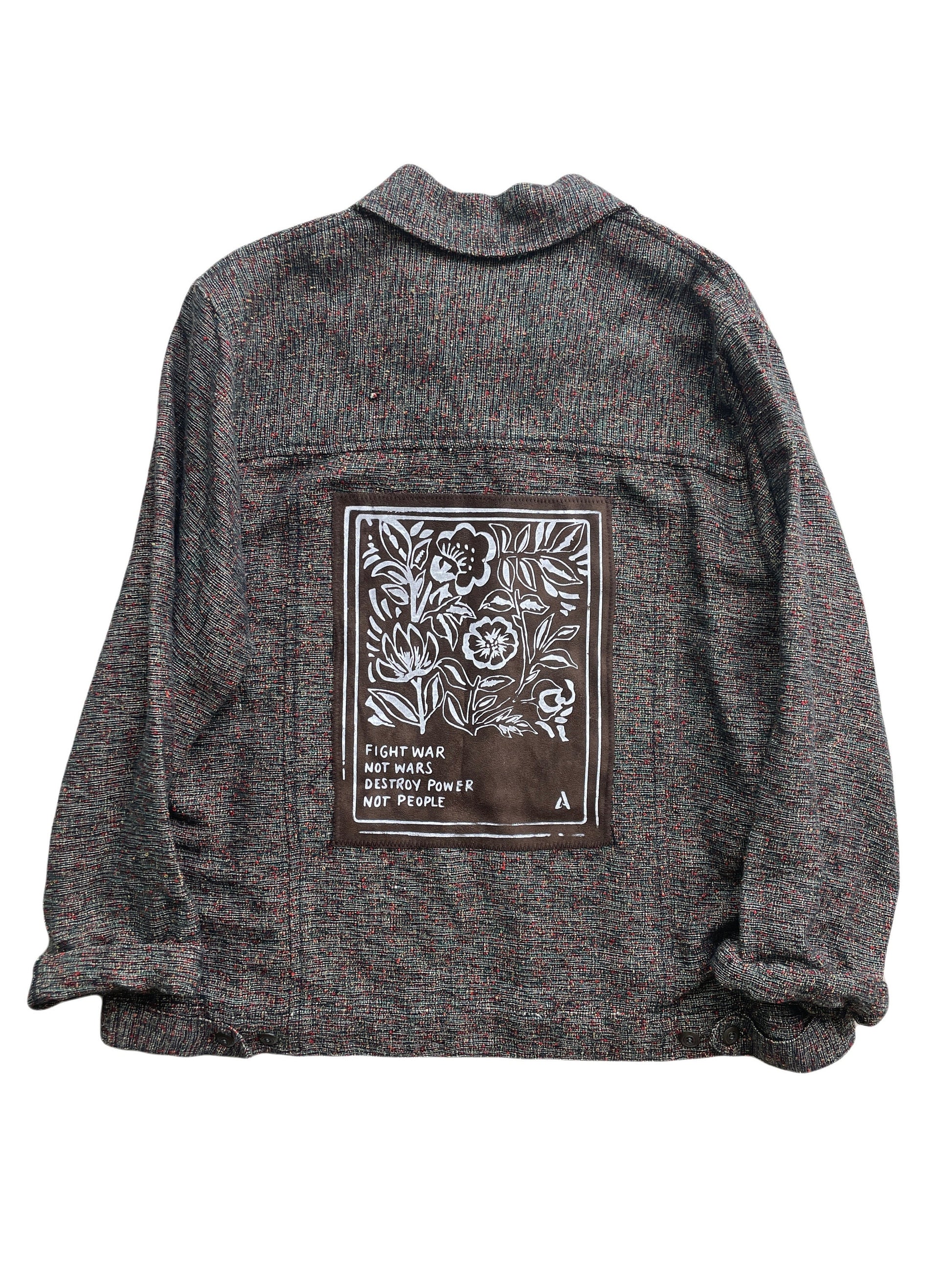 Tweed Brown Jacket // Back Patch // Punk Patch // Fight War Not Wars // Destroy Power Not People // Matchbox // Floral // Hand Drawn Patch