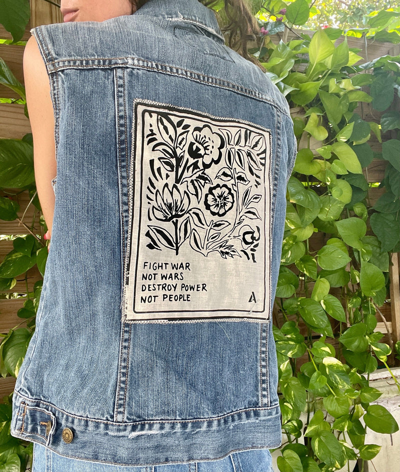 Fight War Not Wars // Floral Patch // Matchbox // Denim Vest // Jean Vest // Back Patch // Punk Patch // Vintage Design // Flowers // Patch