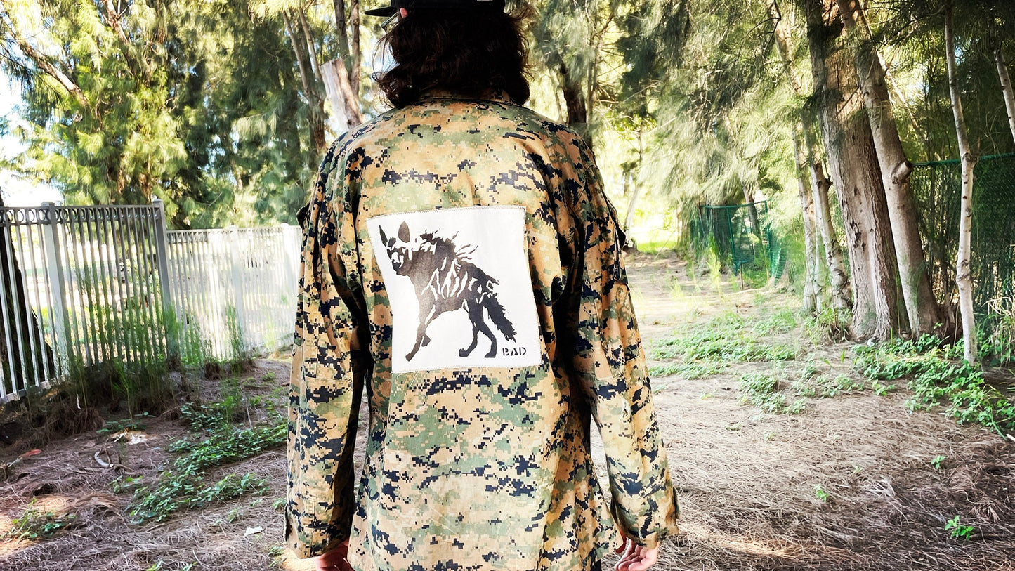 Hyena Army Shirt // Hyena Linocut Print // Hyaena hyaena // Striped Hyena // Army Jacket // Military Jacket // Camouflage // Camo